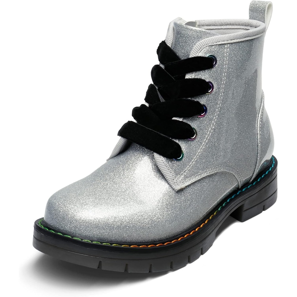 image:imageDREAM PAIRS Girls Combat Ankle Boots Shoes Glittery upper with cushioned footbed and durable rubber outsole for dress up and winterSilverPu