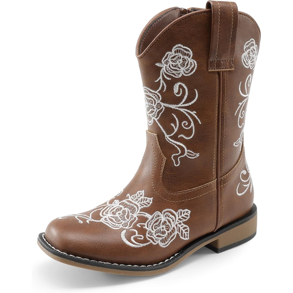 image:imageDREAM PAIRS Girls Cowboy Cowgirl Western Boots Floral Embroidered Classic Western Cowgirl Boots Square Toe Mid Calf Side Zipper Horsing PartyBrown