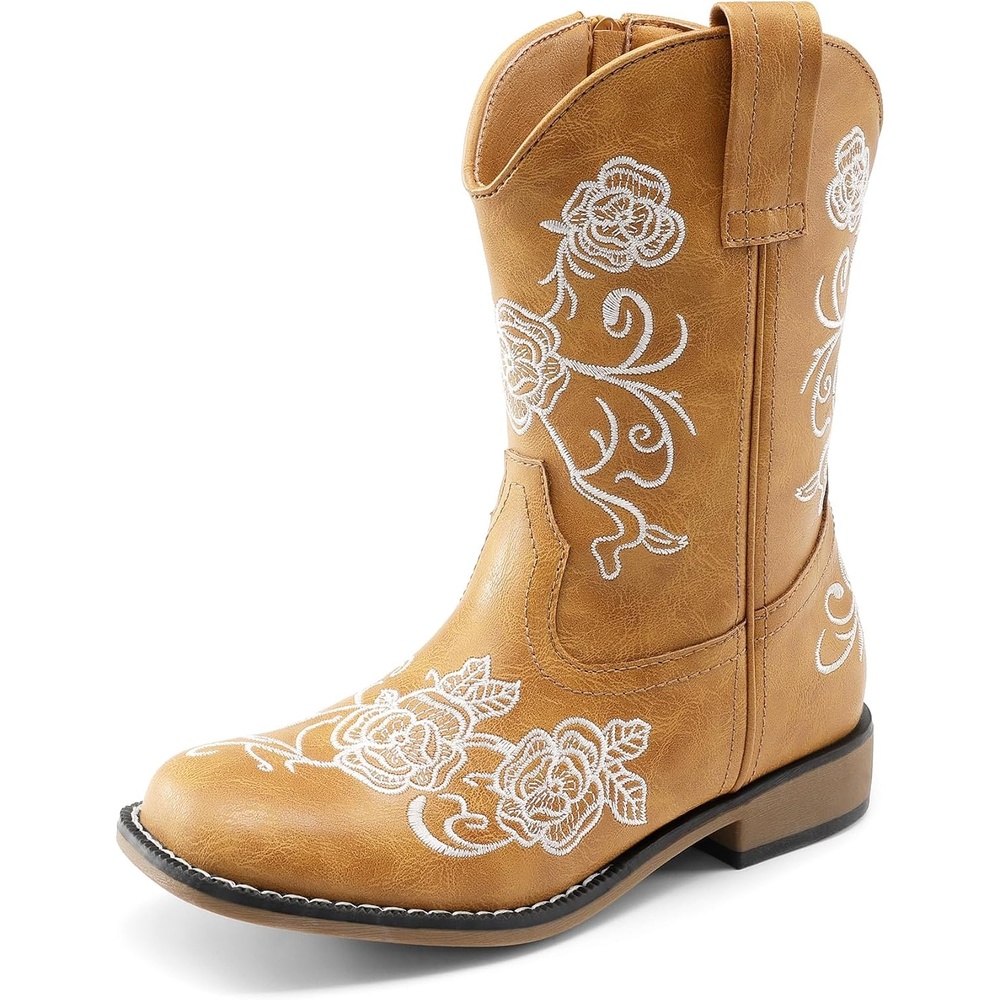 image:imageDREAM PAIRS Girls Cowboy Cowgirl Western Boots Floral Embroidered Classic Western Cowgirl Boots Square Toe Mid Calf Side Zipper Horsing PartyCamel