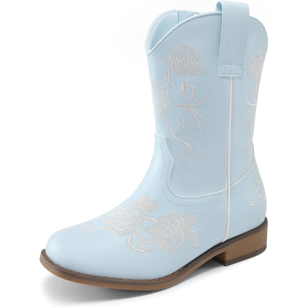 image:imageDREAM PAIRS Girls Cowboy Cowgirl Western Boots Floral Embroidered Classic Western Cowgirl Boots Square Toe Mid Calf Side Zipper Horsing PartyLight Blue