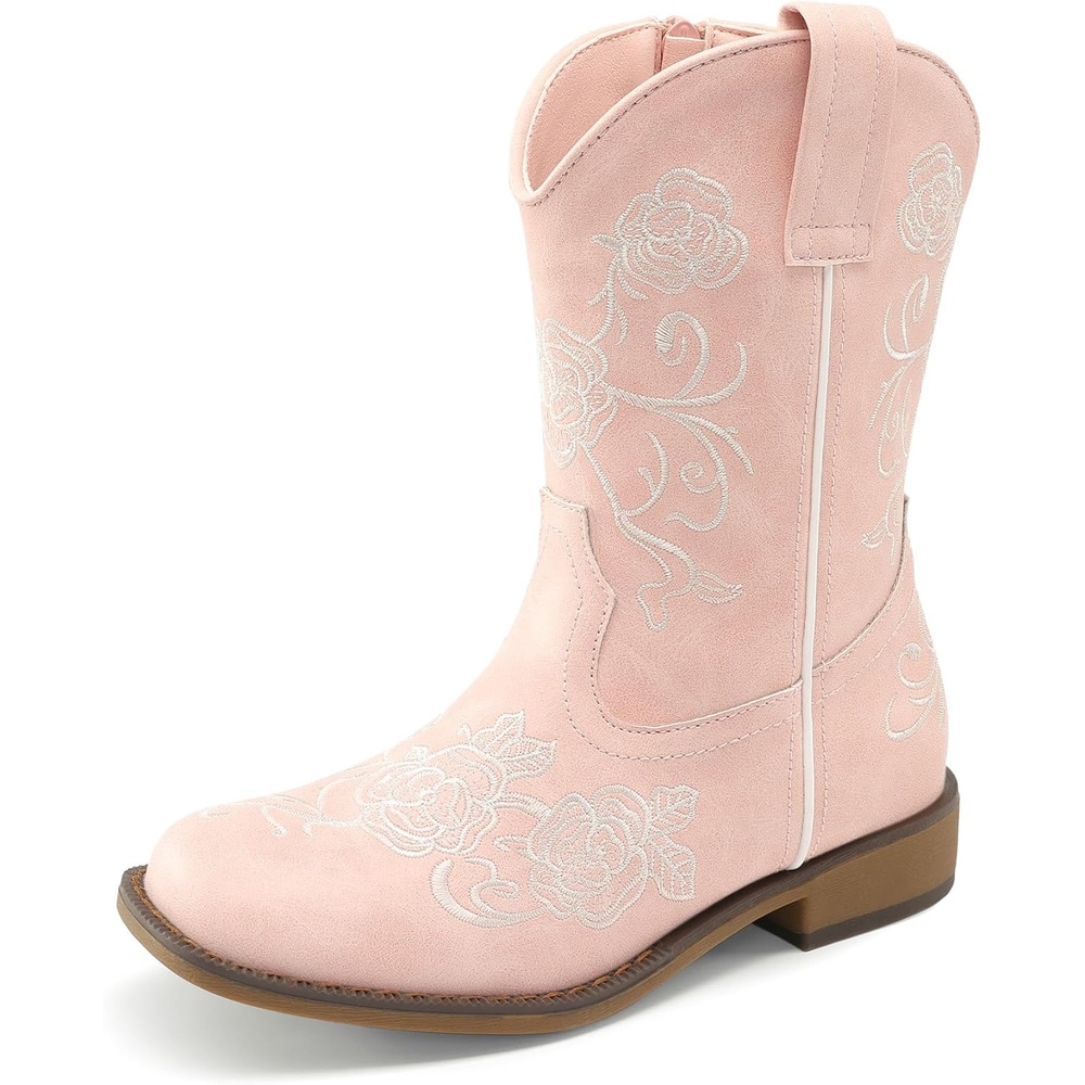 image:imageDREAM PAIRS Girls Cowboy Cowgirl Western Boots Floral Embroidered Classic Western Cowgirl Boots Square Toe Mid Calf Side Zipper Horsing PartyPink