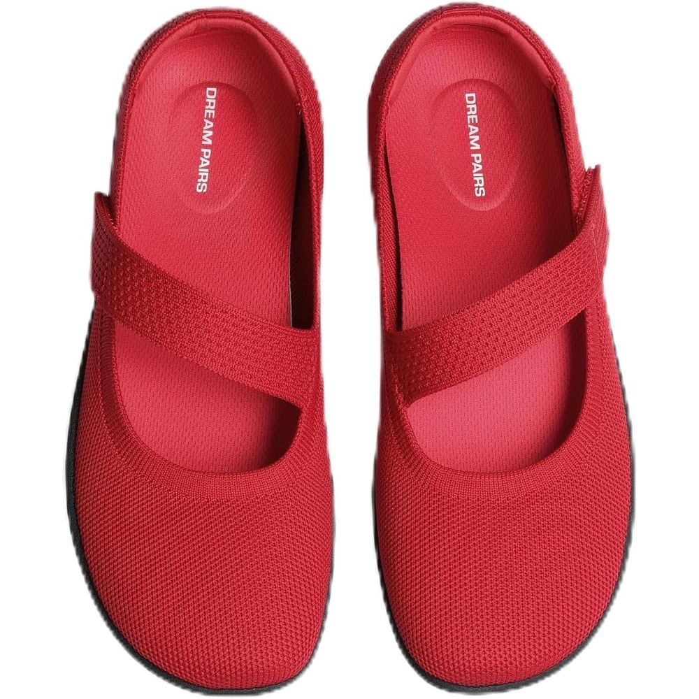 image:imageDREAM PAIRS Womens Mary Jane Wide Toe Ballet Flats  Stretchy knit barefoot Breathable machine washable upper Antislip flexible outsole Adjustable elastic strapsRed