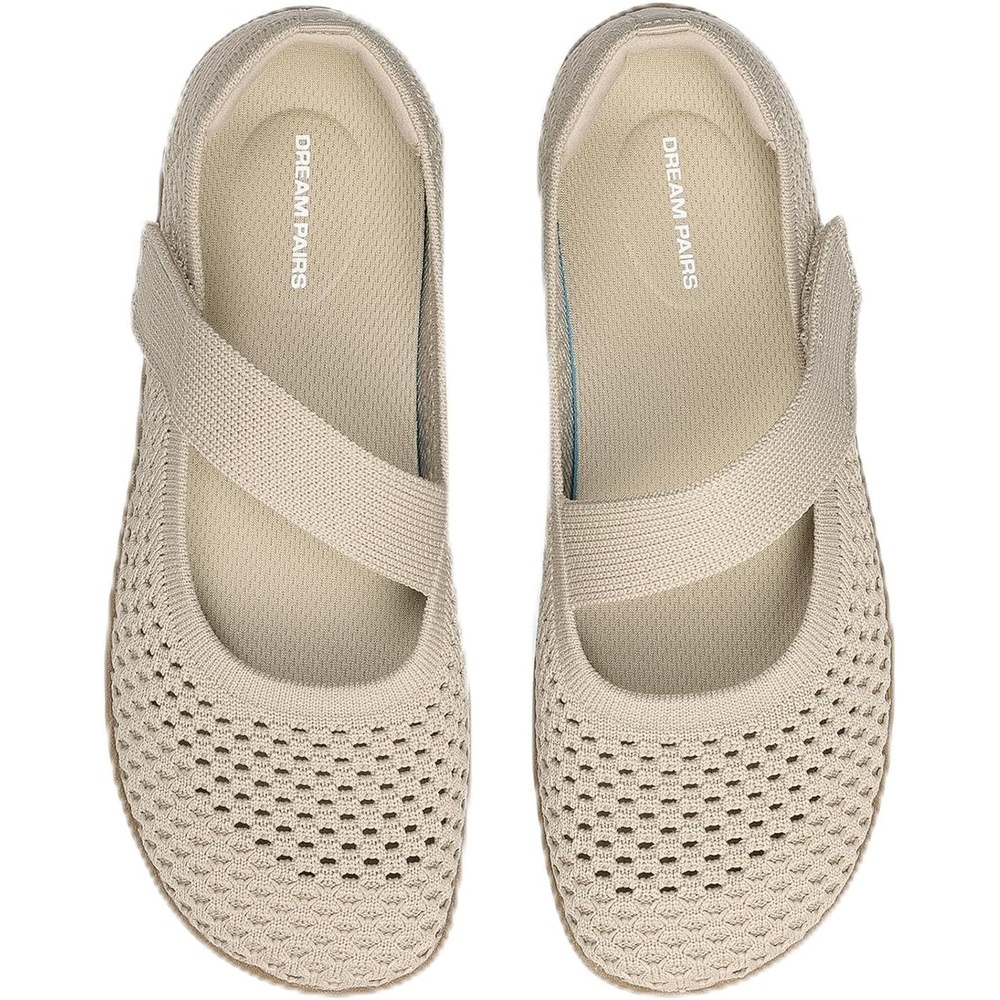 image:imageDREAM PAIRS Womens Mary Jane Wide Toe Ballet Flats Stretchy knit barefoot Breathable machine washable upper Antislip flexible outsole Adjustable elastic strapsNudemesh