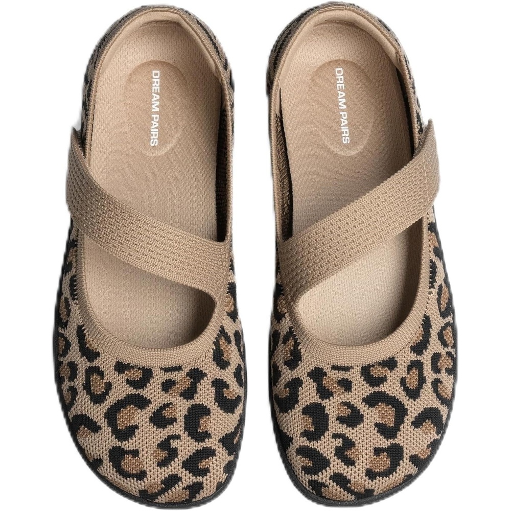 image:imageDREAM PAIRS Womens Mary Jane Wide Toe Ballet Flats Stretchy knit barefoot Breathable machine washable upper Antislip flexible outsole Adjustable elastic strapsLeopard