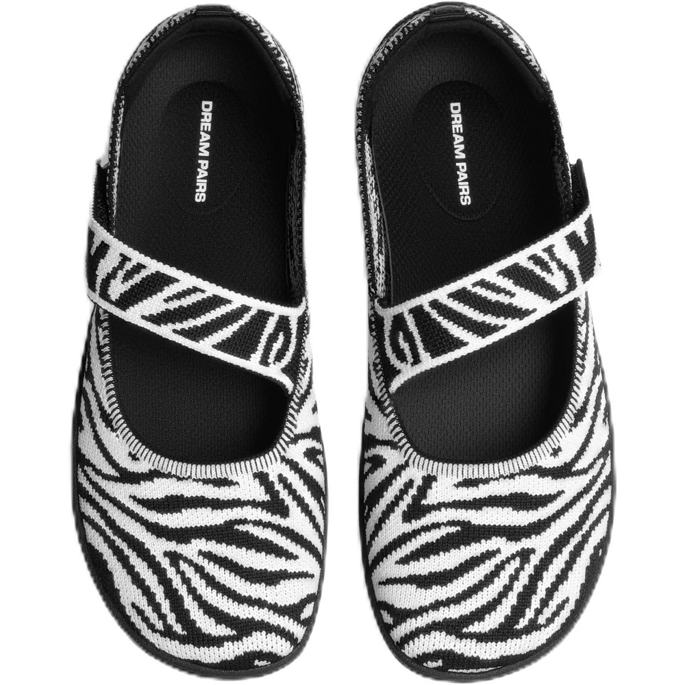 image:imageDREAM PAIRS Womens Mary Jane Wide Toe Ballet Flats Stretchy knit barefoot Breathable machine washable upper Antislip flexible outsole Adjustable elastic strapsZebra