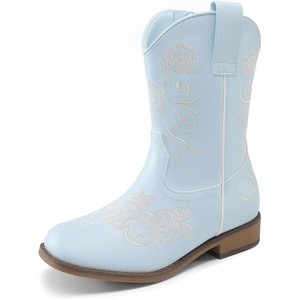 DREAM PAIRS Girls Cowboy Cowgirl Western Boots | Floral Embroidered Classic Western Cowgirl Boots Square Toe Mid Calf Side Zipper Horsing Party(Light Blue)