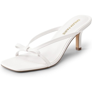 DREAM PAIRS Women’s Comfort Bow Kitten Heel Sandals | Square Open Toe Slip On Slide Dress Heels, Elegant Casual Heeled for Bridal, Wedding Guest, Date Night & Special Occasions(White)