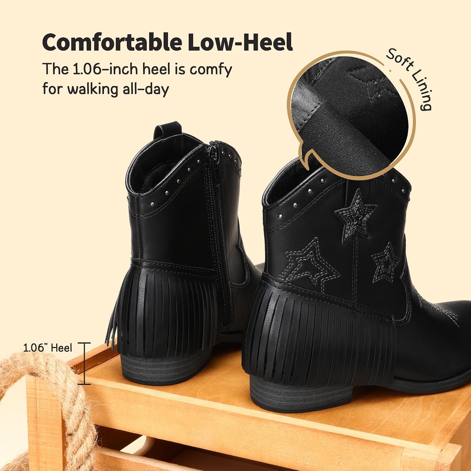 image:imageDREAM PAIRS Girls Cowboy Cowgirl Western Boots Tassel star soft lining lowheel ankle cow girl boots pullon riding shoes with soft liningBlack