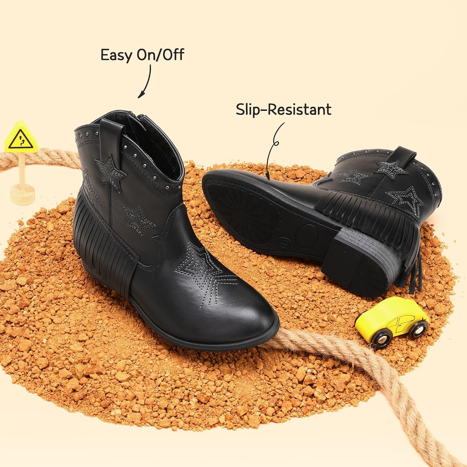 image:imageDREAM PAIRS Girls Cowboy Cowgirl Western Boots Tassel star soft lining lowheel ankle cow girl boots pullon riding shoes with soft liningBlack
