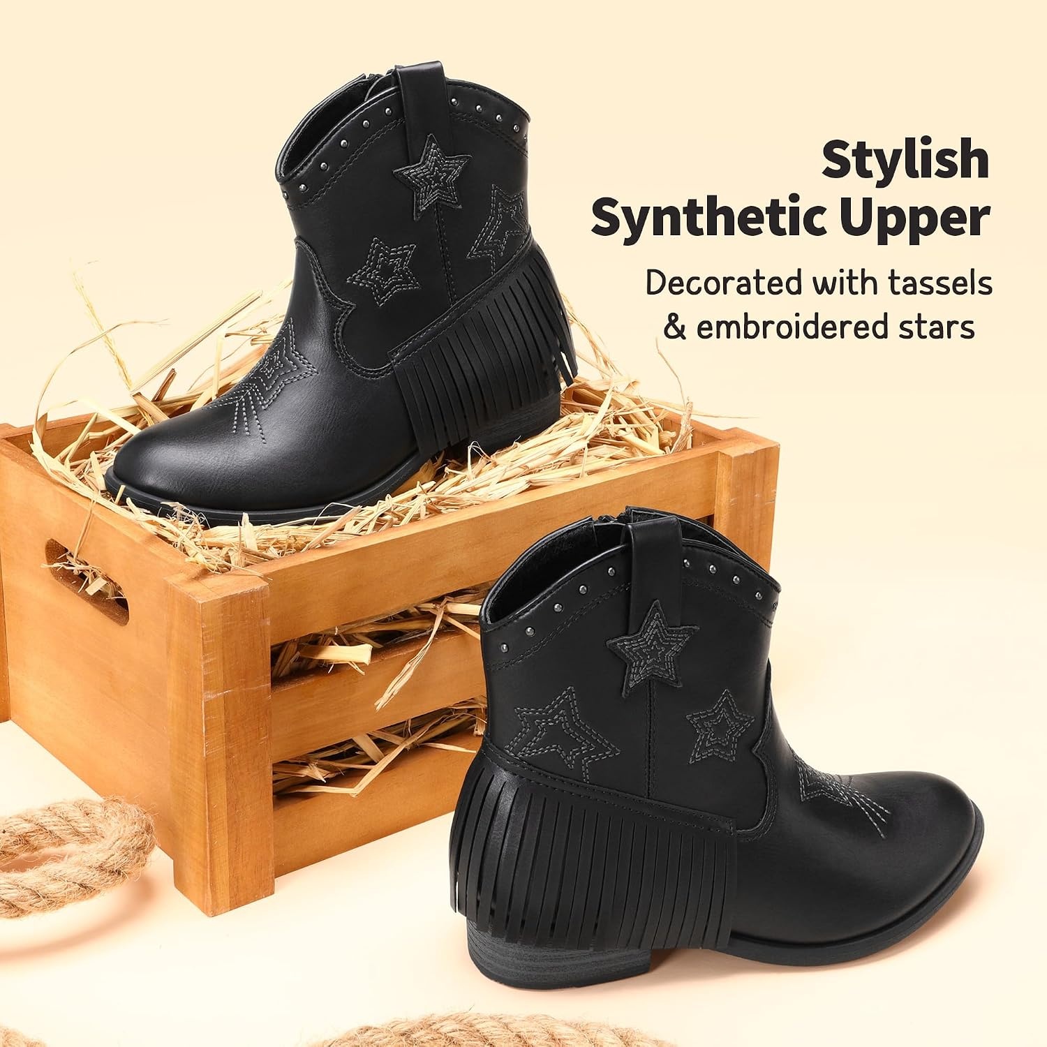 image:imageDREAM PAIRS Girls Cowboy Cowgirl Western Boots Tassel star soft lining lowheel ankle cow girl boots pullon riding shoes with soft liningBlack