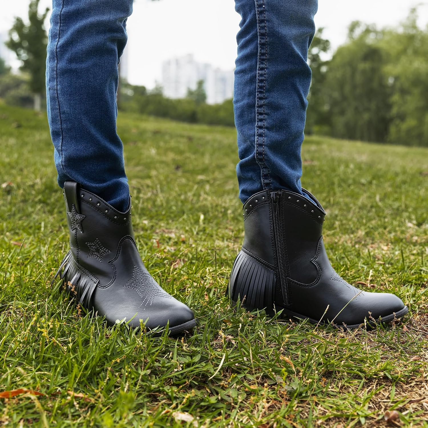 image:imageDREAM PAIRS Girls Cowboy Cowgirl Western Boots Tassel star soft lining lowheel ankle cow girl boots pullon riding shoes with soft liningBlack