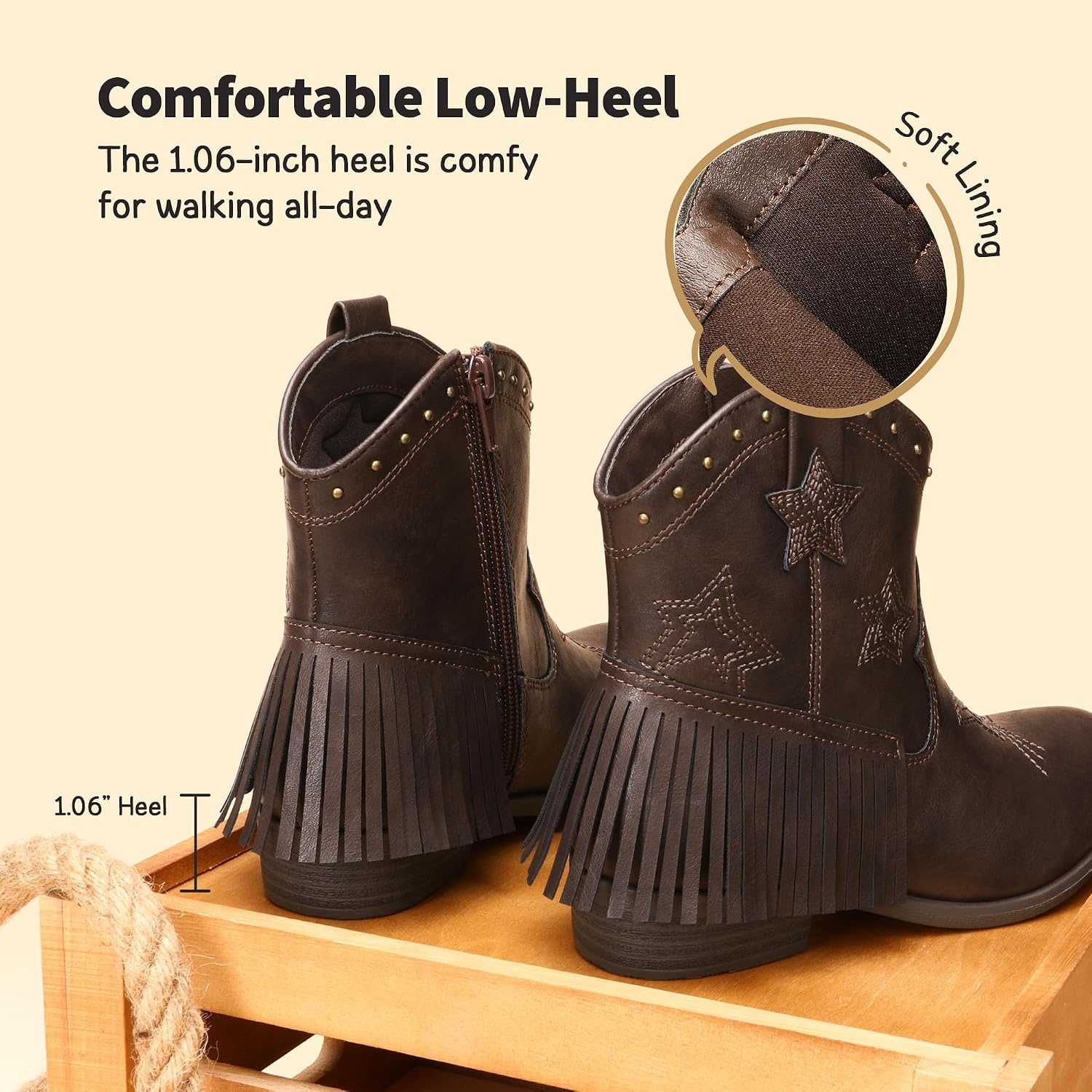 image:imageDREAM PAIRS Girls Cowboy Cowgirl Western Boots Tassel star soft lining lowheel ankle cow girl boots pullon riding shoes with soft liningBrown