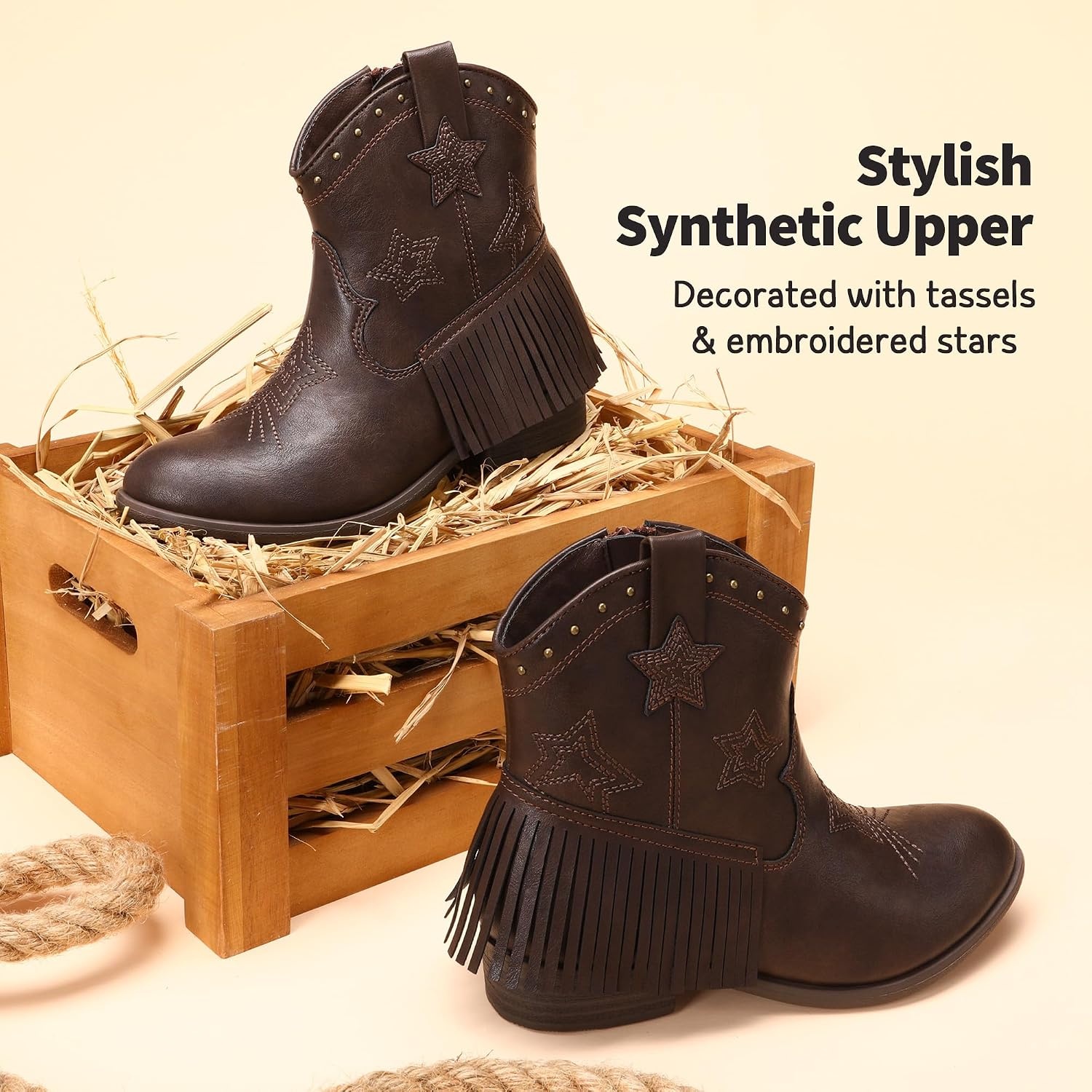 image:imageDREAM PAIRS Girls Cowboy Cowgirl Western Boots Tassel star soft lining lowheel ankle cow girl boots pullon riding shoes with soft liningBrown