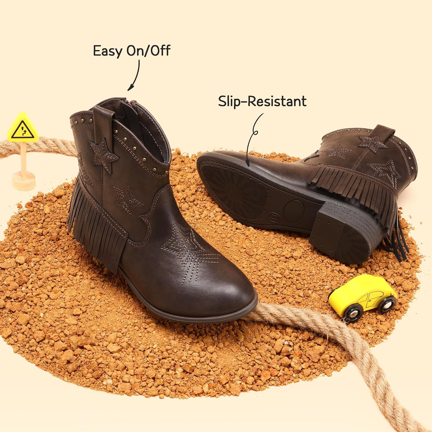 image:imageDREAM PAIRS Girls Cowboy Cowgirl Western Boots Tassel star soft lining lowheel ankle cow girl boots pullon riding shoes with soft liningBrown