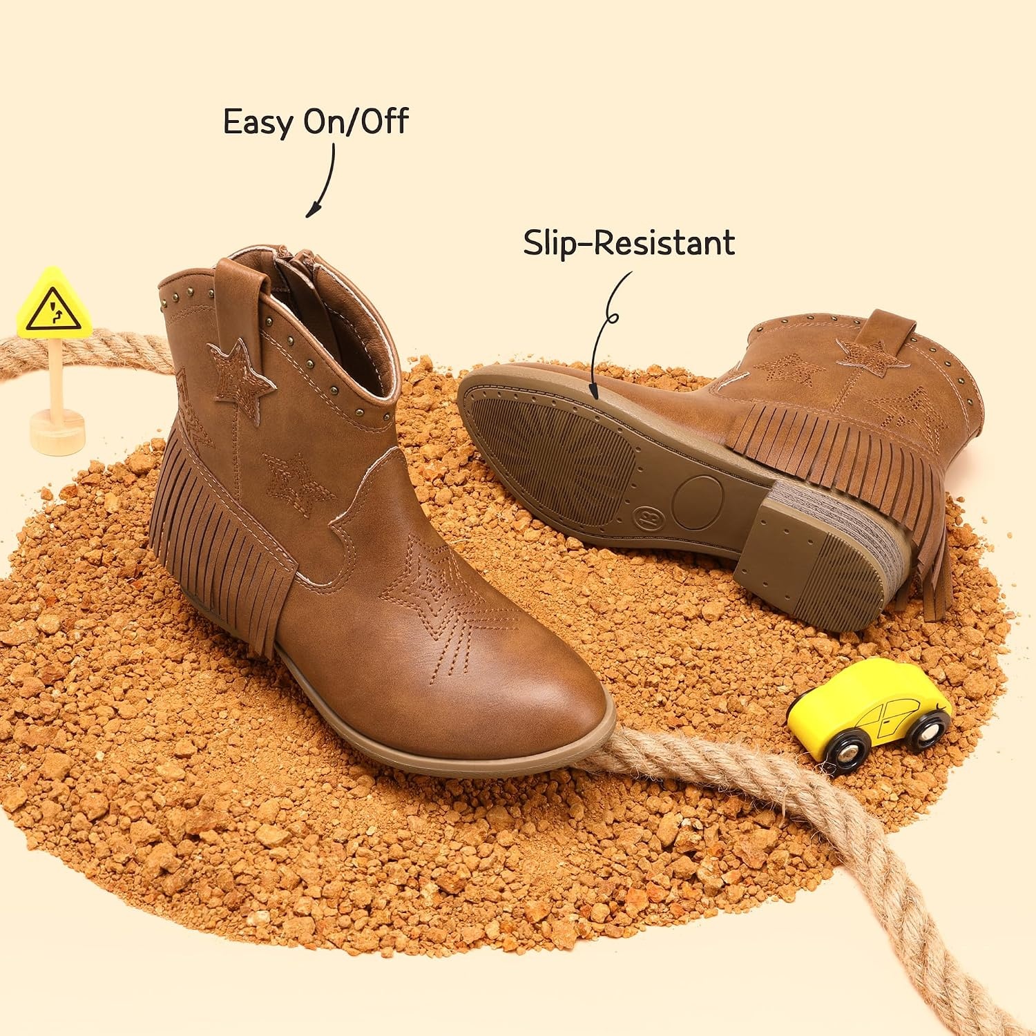 image:imageDREAM PAIRS Girls Cowboy Cowgirl Western Boots Tassel star soft lining lowheel ankle cow girl boots pullon riding shoes with soft liningCamel