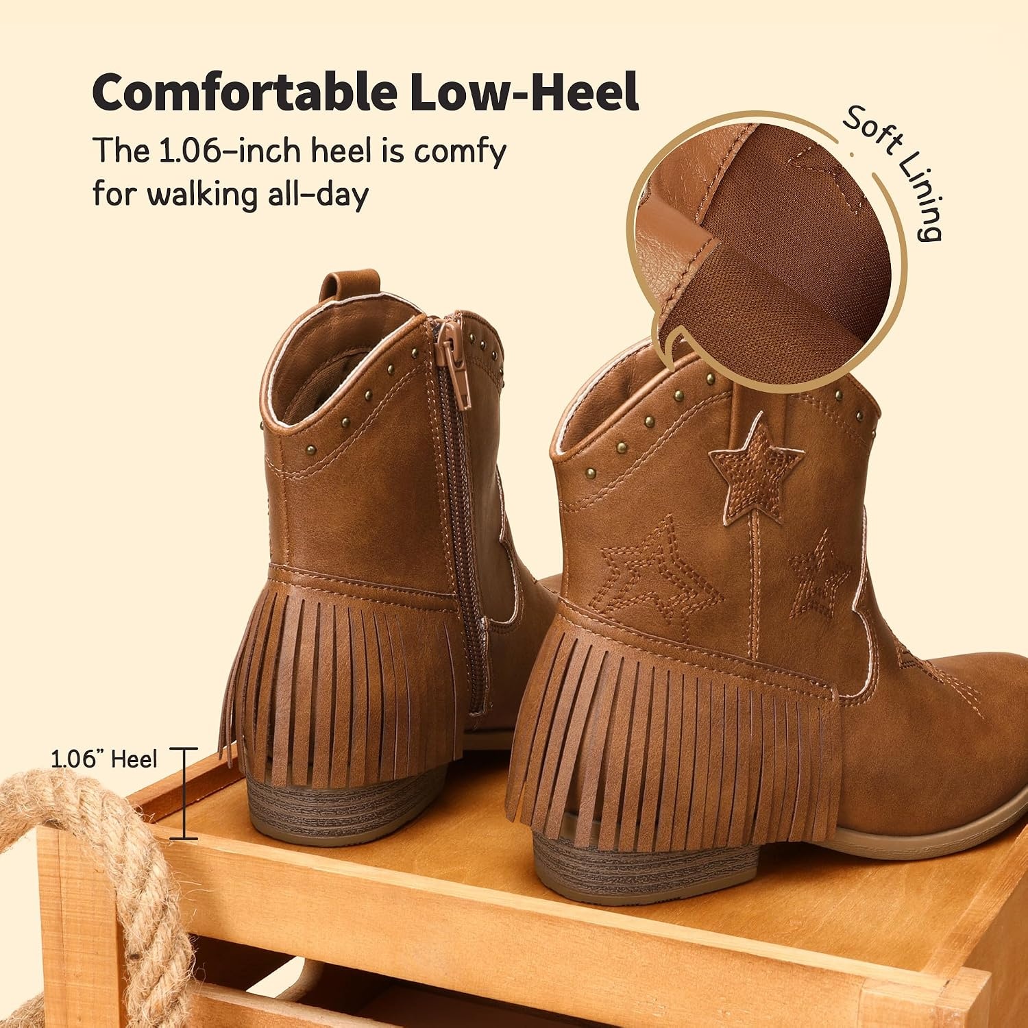 image:imageDREAM PAIRS Girls Cowboy Cowgirl Western Boots Tassel star soft lining lowheel ankle cow girl boots pullon riding shoes with soft liningCamel
