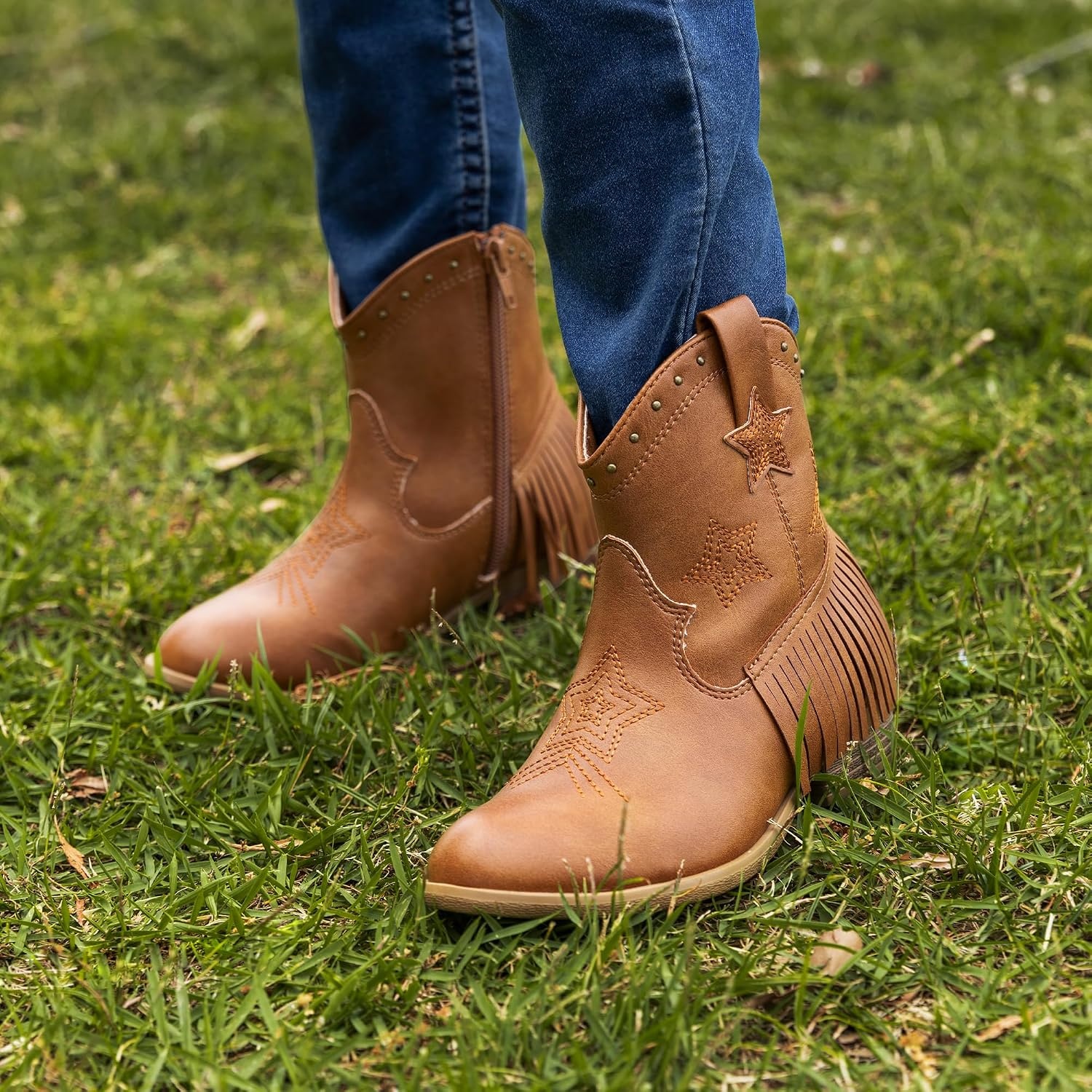 image:imageDREAM PAIRS Girls Cowboy Cowgirl Western Boots Tassel star soft lining lowheel ankle cow girl boots pullon riding shoes with soft liningCamel