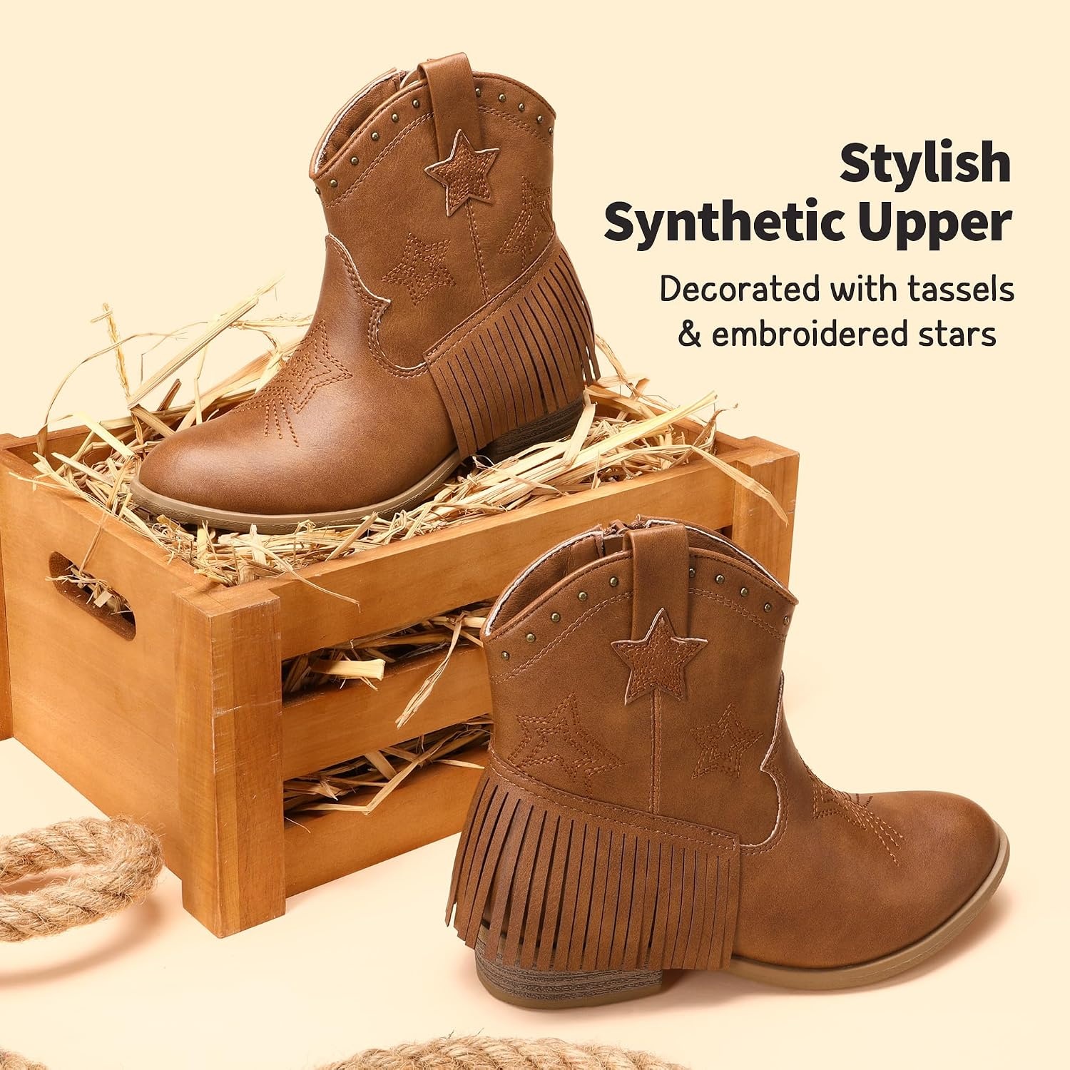 image:imageDREAM PAIRS Girls Cowboy Cowgirl Western Boots Tassel star soft lining lowheel ankle cow girl boots pullon riding shoes with soft liningCamel