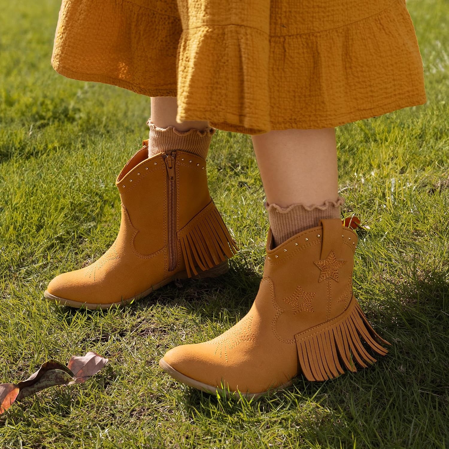 image:imageDREAM PAIRS Girls Cowboy Cowgirl Western Boots Tassel star soft lining lowheel ankle cow girl boots pullon riding shoes with soft liningCamelsuede