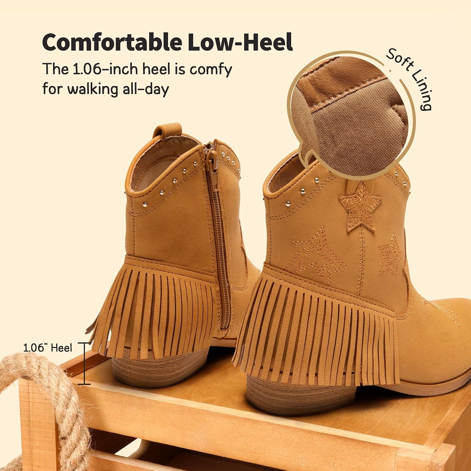 image:imageDREAM PAIRS Girls Cowboy Cowgirl Western Boots Tassel star soft lining lowheel ankle cow girl boots pullon riding shoes with soft liningCamelsuede