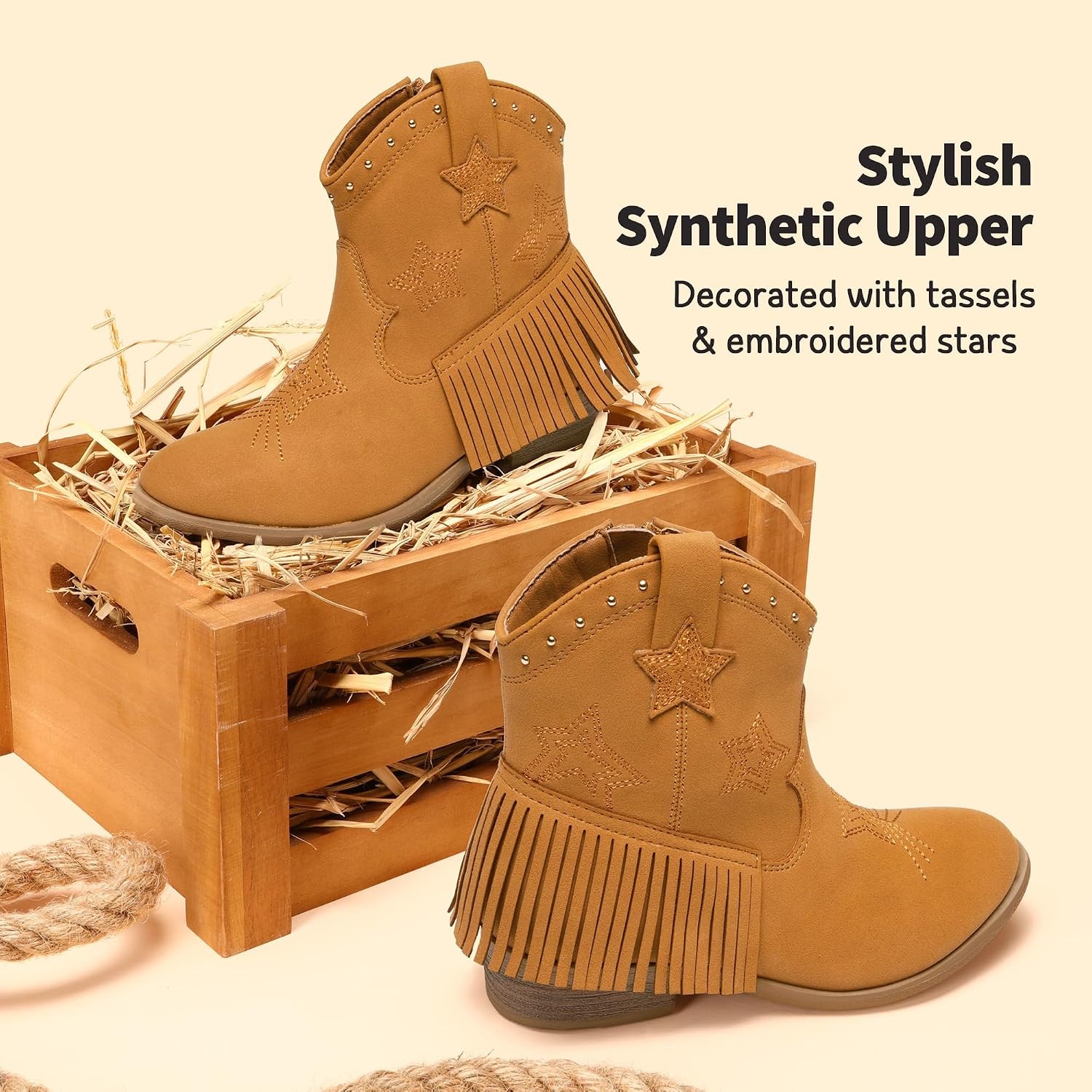 image:imageDREAM PAIRS Girls Cowboy Cowgirl Western Boots Tassel star soft lining lowheel ankle cow girl boots pullon riding shoes with soft liningCamelsuede