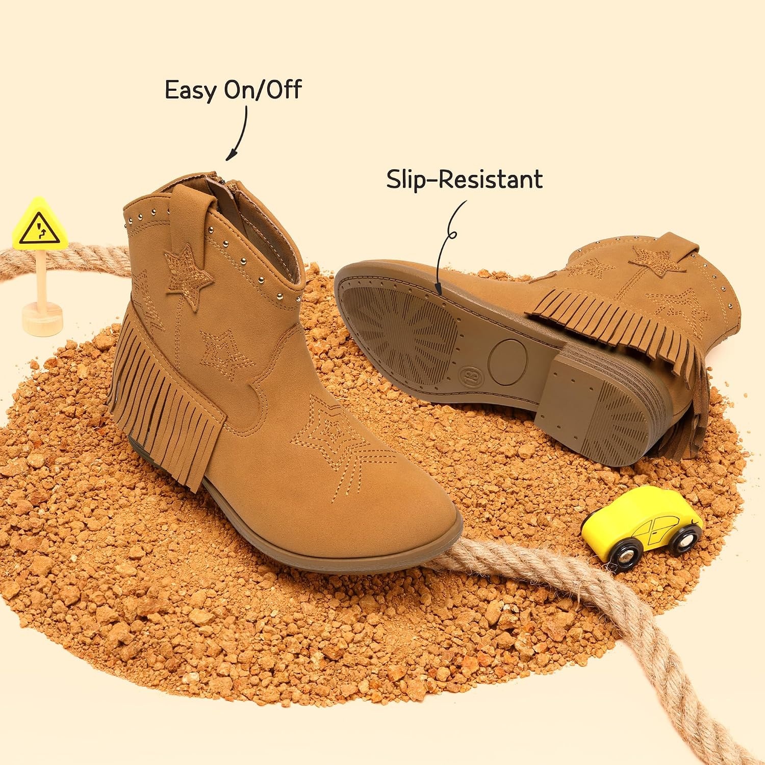 image:imageDREAM PAIRS Girls Cowboy Cowgirl Western Boots Tassel star soft lining lowheel ankle cow girl boots pullon riding shoes with soft liningCamelsuede