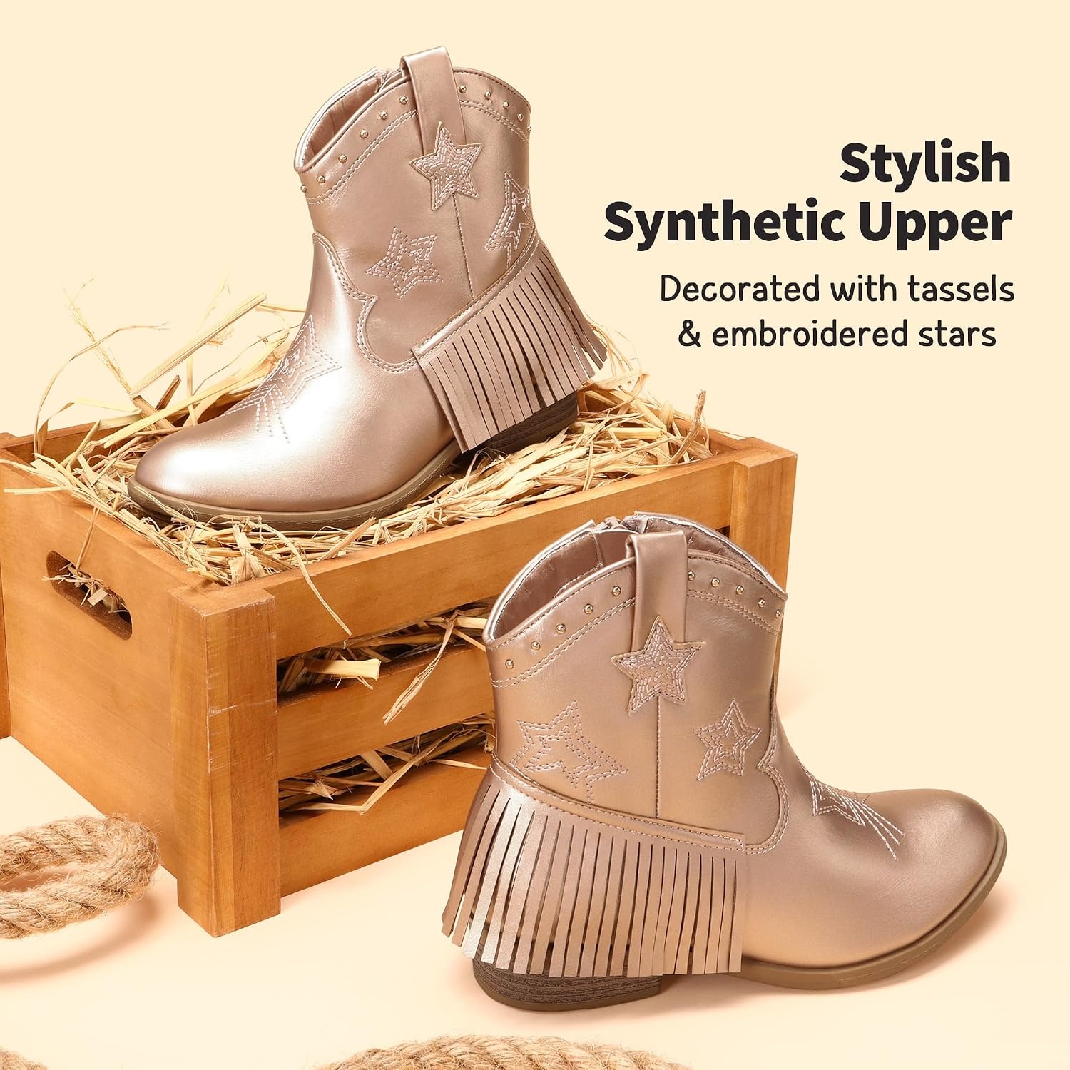 image:imageDREAM PAIRS Girls Cowboy Cowgirl Western Boots Tassel star soft lining lowheel ankle cow girl boots pullon riding shoes with soft liningRose Gold