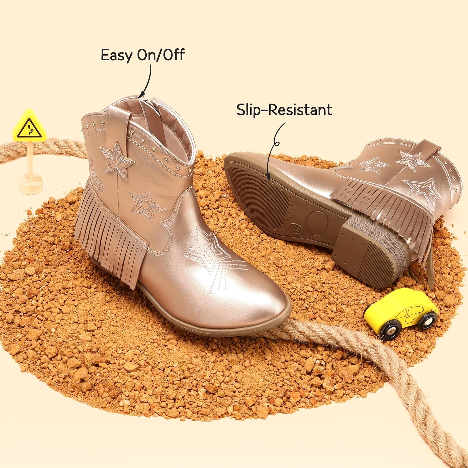 image:imageDREAM PAIRS Girls Cowboy Cowgirl Western Boots Tassel star soft lining lowheel ankle cow girl boots pullon riding shoes with soft liningRose Gold