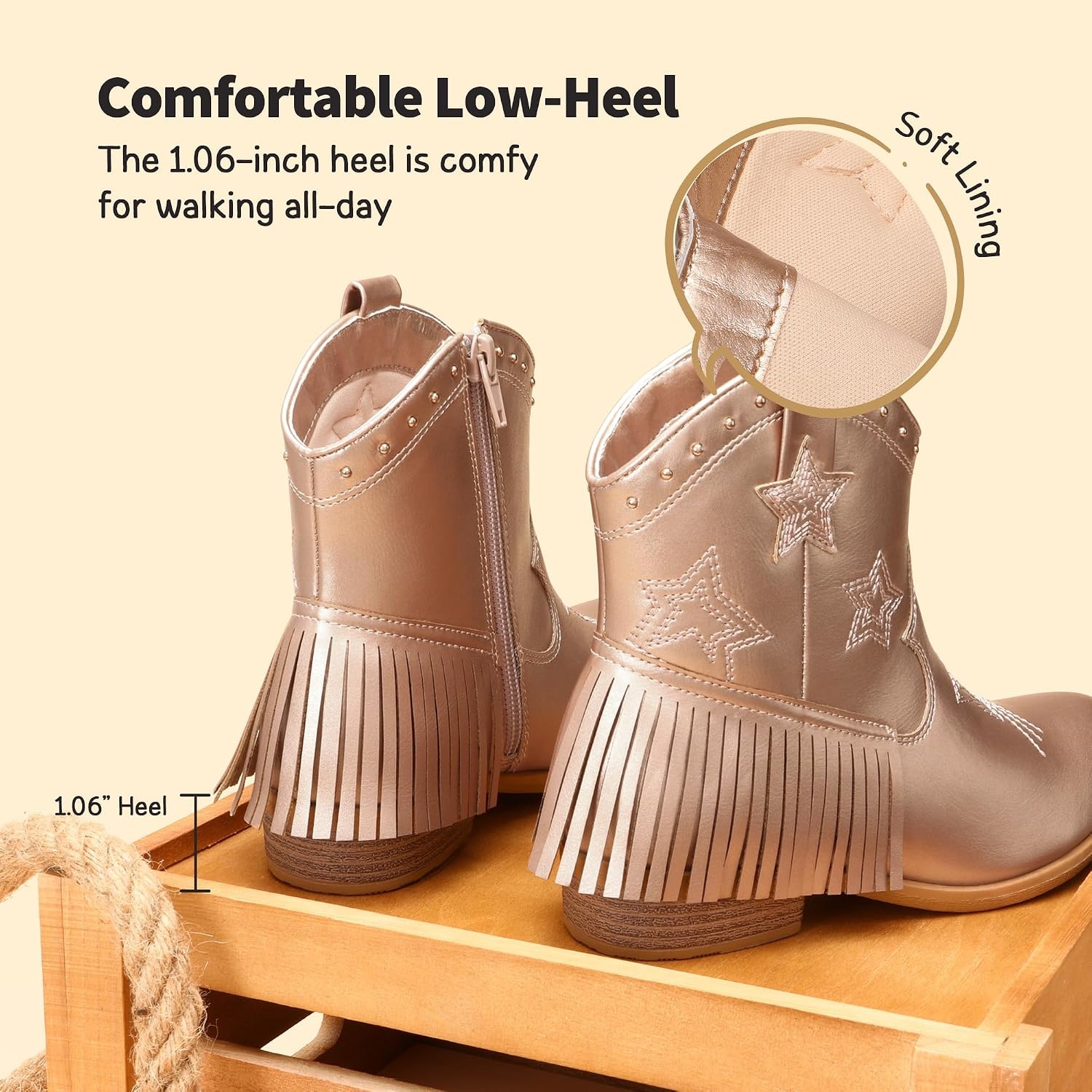 image:imageDREAM PAIRS Girls Cowboy Cowgirl Western Boots Tassel star soft lining lowheel ankle cow girl boots pullon riding shoes with soft liningRose Gold