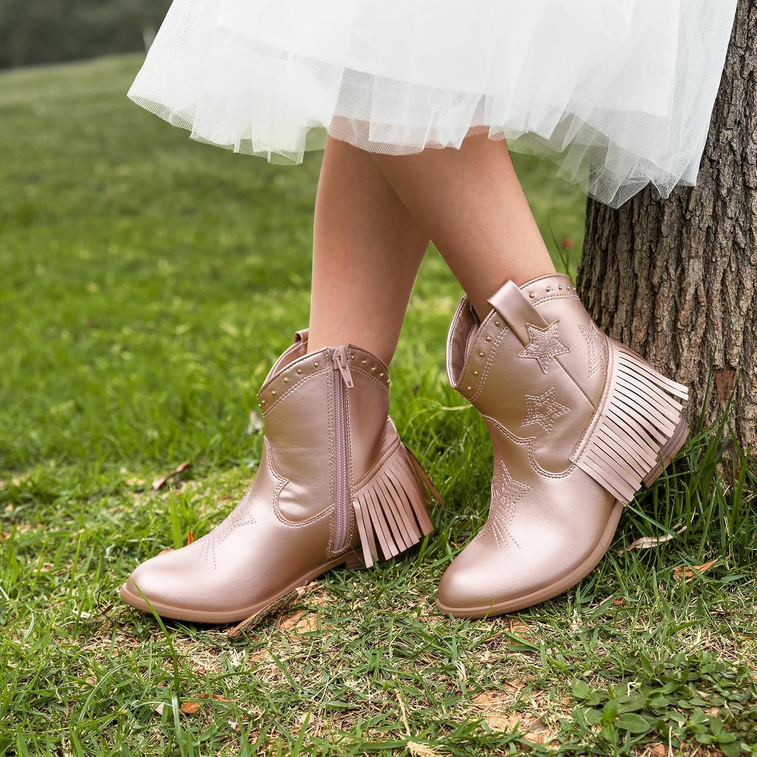image:imageDREAM PAIRS Girls Cowboy Cowgirl Western Boots Tassel star soft lining lowheel ankle cow girl boots pullon riding shoes with soft liningRose Gold