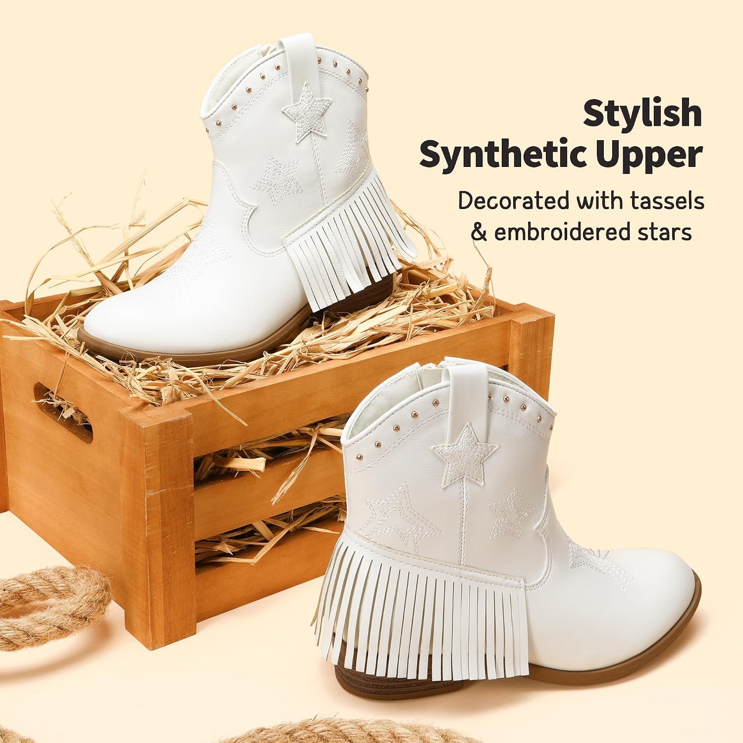 image:imageDREAM PAIRS Girls Cowboy Cowgirl Western Boots Tassel star soft lining lowheel ankle cow girl boots pullon riding shoes with soft liningWhite