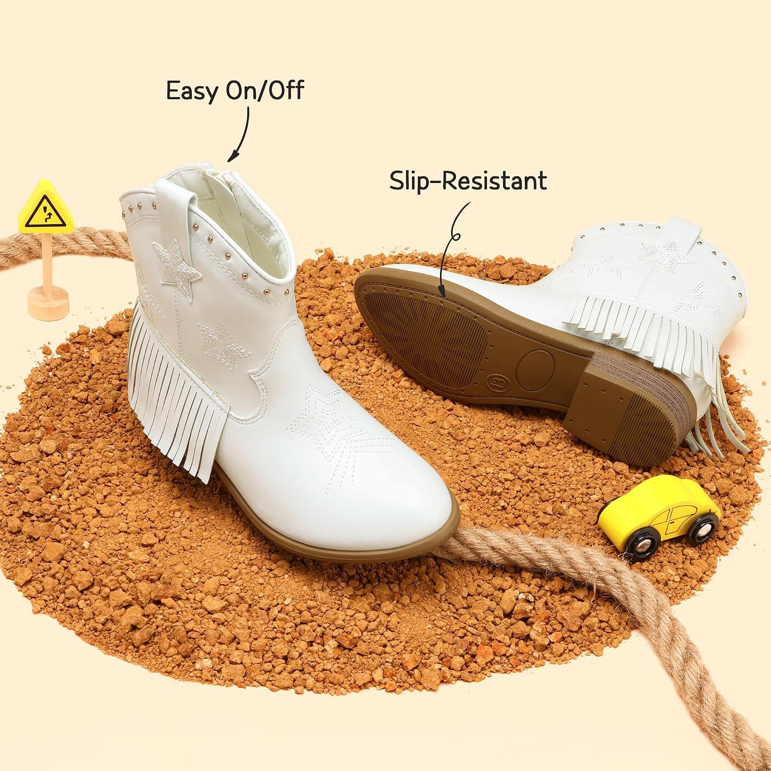 image:imageDREAM PAIRS Girls Cowboy Cowgirl Western Boots Tassel star soft lining lowheel ankle cow girl boots pullon riding shoes with soft liningWhite