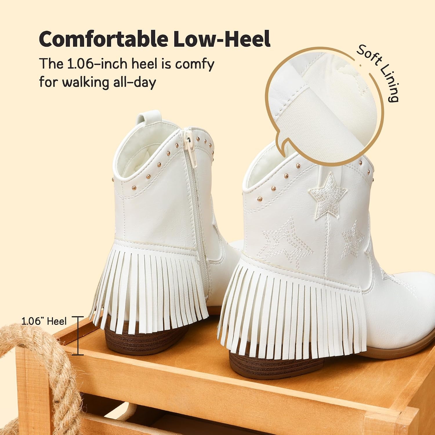 image:imageDREAM PAIRS Girls Cowboy Cowgirl Western Boots Tassel star soft lining lowheel ankle cow girl boots pullon riding shoes with soft liningWhite