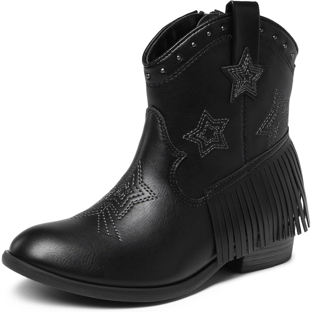 image:imageDREAM PAIRS Girls Cowboy Cowgirl Western Boots Tassel star soft lining lowheel ankle cow girl boots pullon riding shoes with soft liningBlack