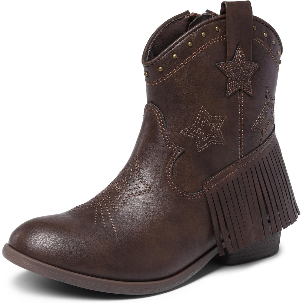 image:imageDREAM PAIRS Girls Cowboy Cowgirl Western Boots Tassel star soft lining lowheel ankle cow girl boots pullon riding shoes with soft liningBrown