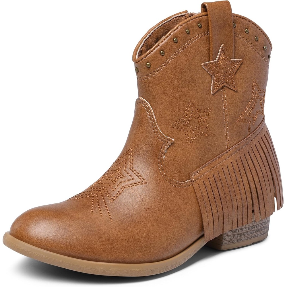 image:imageDREAM PAIRS Girls Cowboy Cowgirl Western Boots Tassel star soft lining lowheel ankle cow girl boots pullon riding shoes with soft liningCamel
