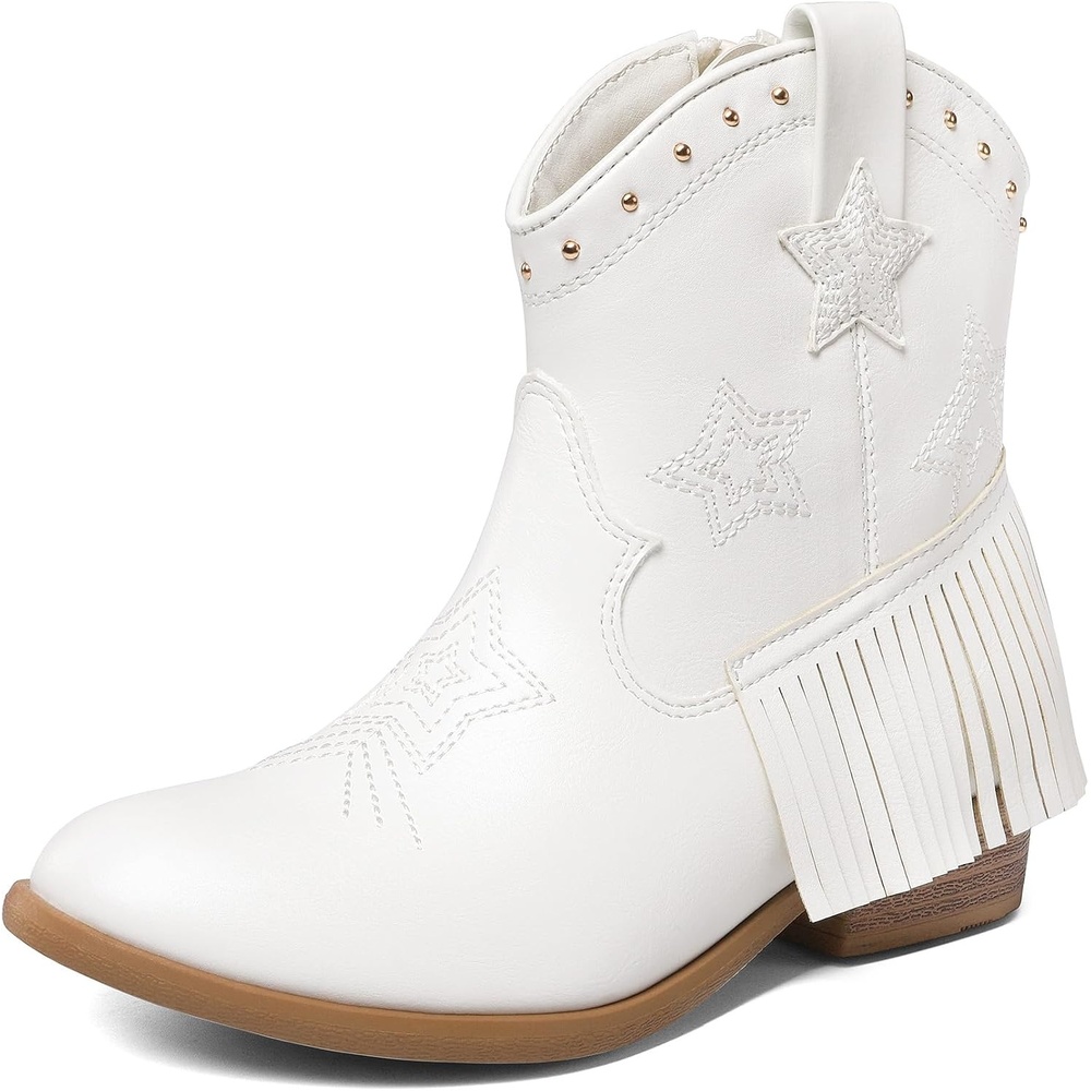 image:imageDREAM PAIRS Girls Cowboy Cowgirl Western Boots Tassel star soft lining lowheel ankle cow girl boots pullon riding shoes with soft liningWhite