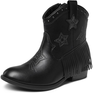 DREAM PAIRS Girls Cowboy Cowgirl Western Boots | Tassel star soft lining low-heel ankle cow girl boots pull-on riding shoes with soft lining(Black)