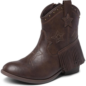 DREAM PAIRS Girls Cowboy Cowgirl Western Boots | Tassel star soft lining low-heel ankle cow girl boots pull-on riding shoes with soft lining(Brown)