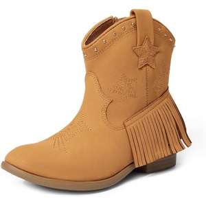 DREAM PAIRS Girls Cowboy Cowgirl Western Boots | Tassel star soft lining low-heel ankle cow girl boots pull-on riding shoes with soft lining(Camel-suede)