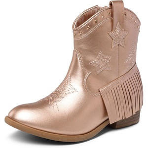 DREAM PAIRS Girls Cowboy Cowgirl Western Boots | Tassel star soft lining low-heel ankle cow girl boots pull-on riding shoes with soft lining(Rose Gold)