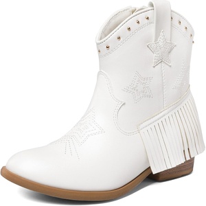 DREAM PAIRS Girls Cowboy Cowgirl Western Boots | Tassel star soft lining low-heel ankle cow girl boots pull-on riding shoes with soft lining(White)