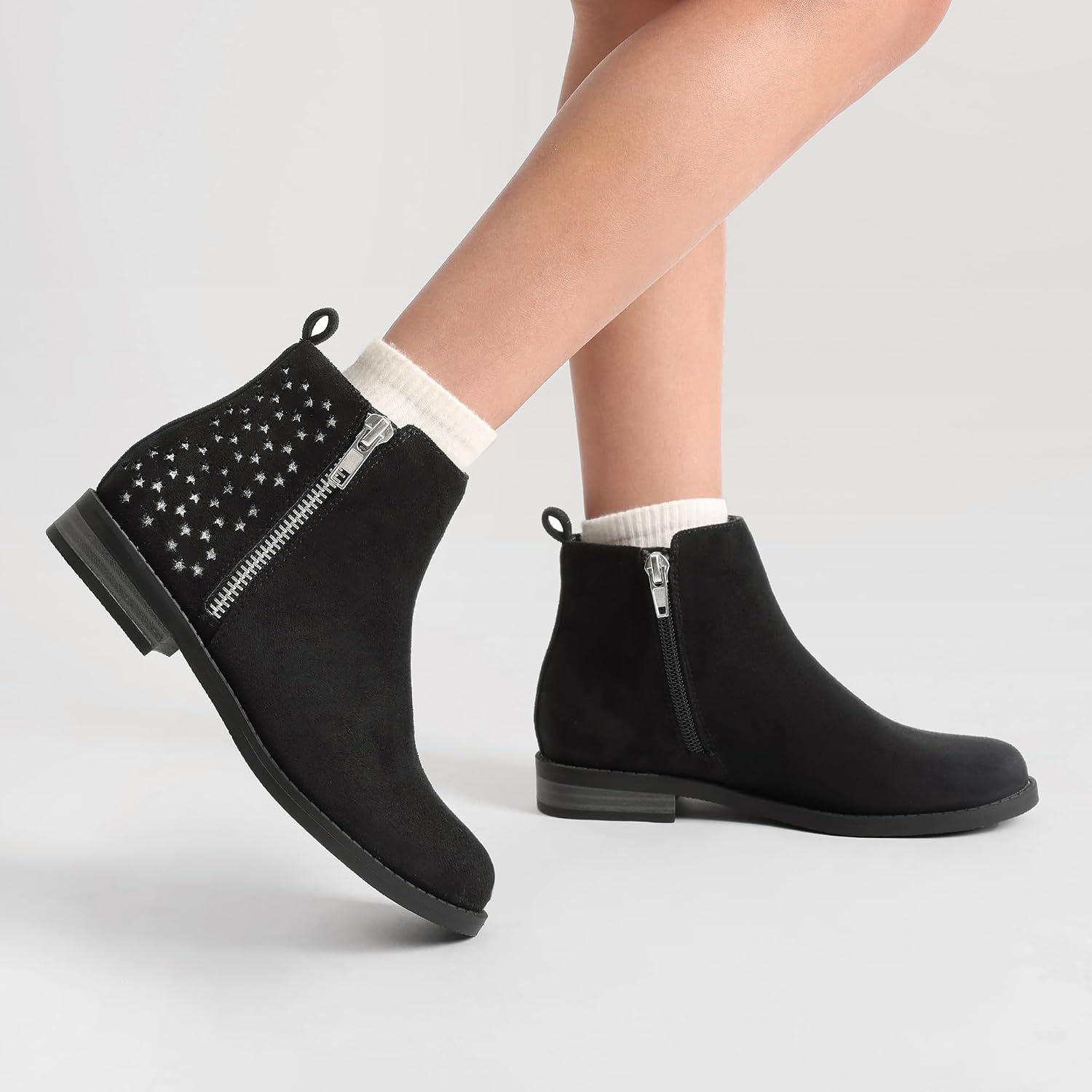 image:imageDREAM PAIRS Girls Glitter Star Ankle Boots Glitter stars add sparkle to every step Side zipper and pull tab Soft lining low heel TPR outsole for steady stepsBlack