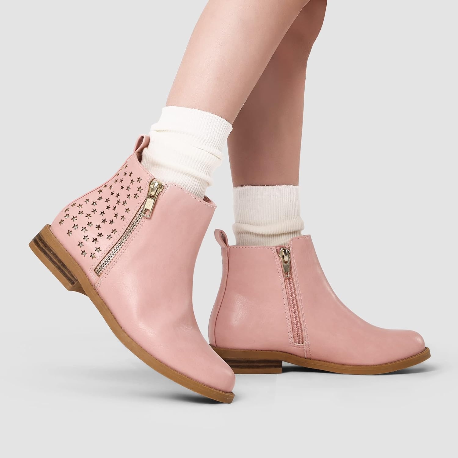 image:imageDREAM PAIRS Girls Glitter Star Ankle Boots Glitter stars add sparkle to every step Side zipper and pull tab Soft lining low heel TPR outsole for steady stepsPinkPu