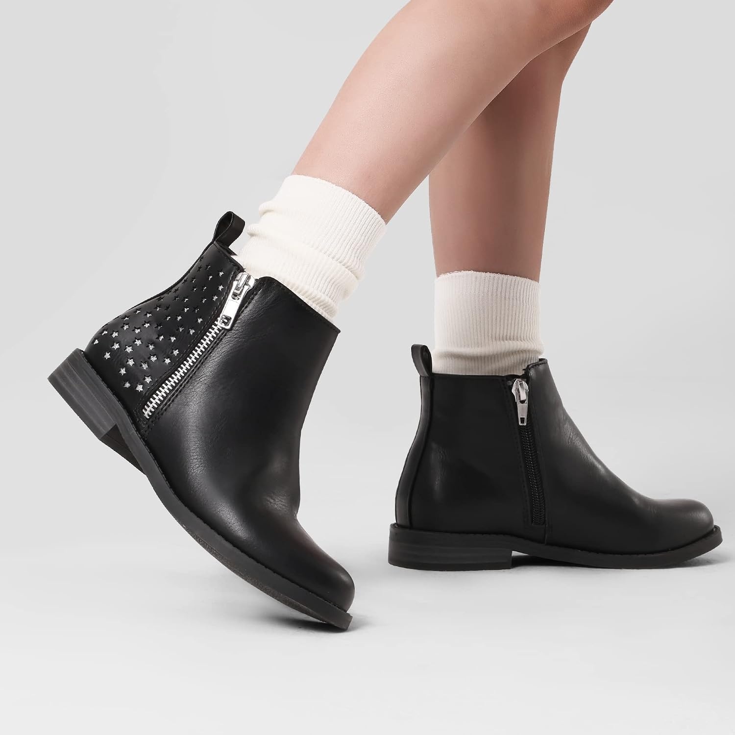 image:imageDREAM PAIRS Girls Glitter Star Ankle Boots Glitter stars add sparkle to every step Side zipper and pull tab Soft lining low heel TPR outsole for steady stepsBlackPu