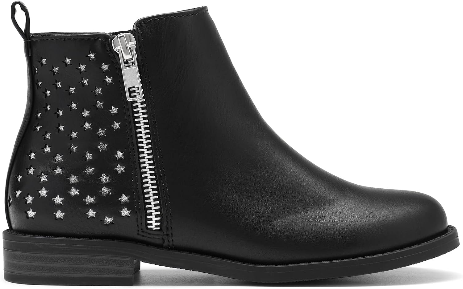 image:imageDREAM PAIRS Girls Glitter Star Ankle Boots Glitter stars add sparkle to every step Side zipper and pull tab Soft lining low heel TPR outsole for steady stepsBlackPu