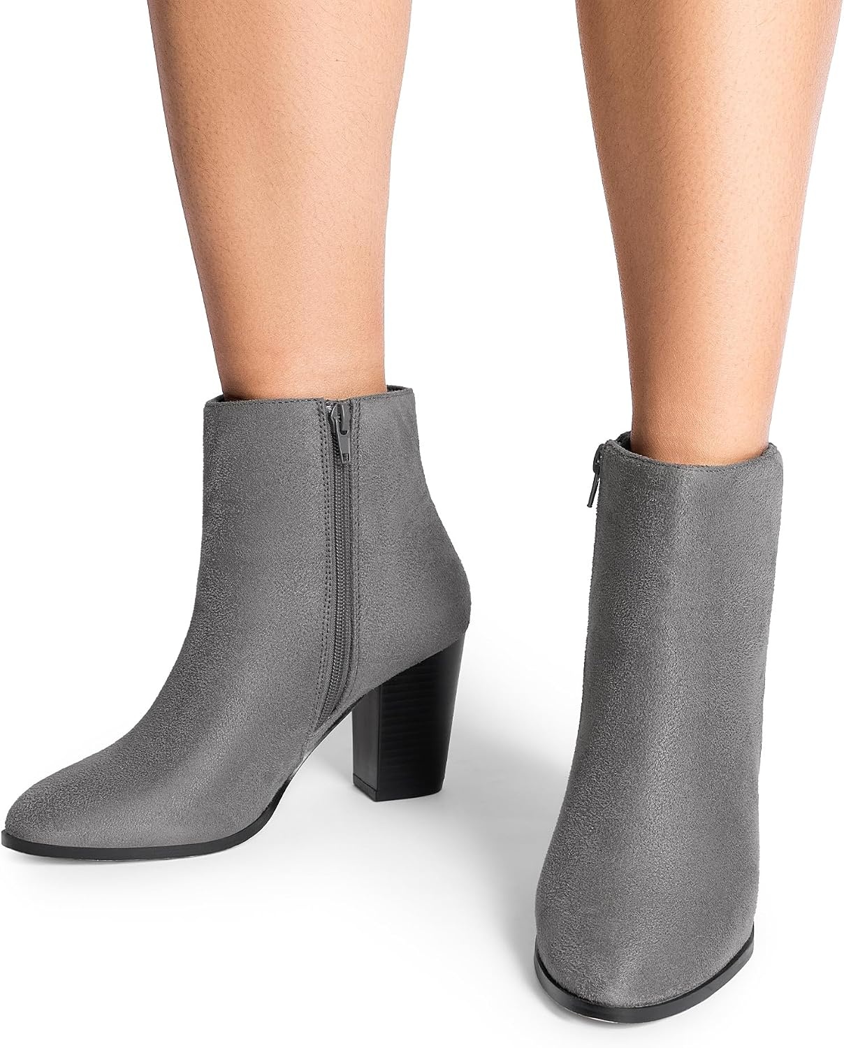 image:imageDREAM PAIRS Womens Ankle Boots Chunky Block Heel Booties Pointed Toe 3inch Block Heel Dress Booties Vintage Fashion Short Boots for Office Work Daily OccasionsGreySuede