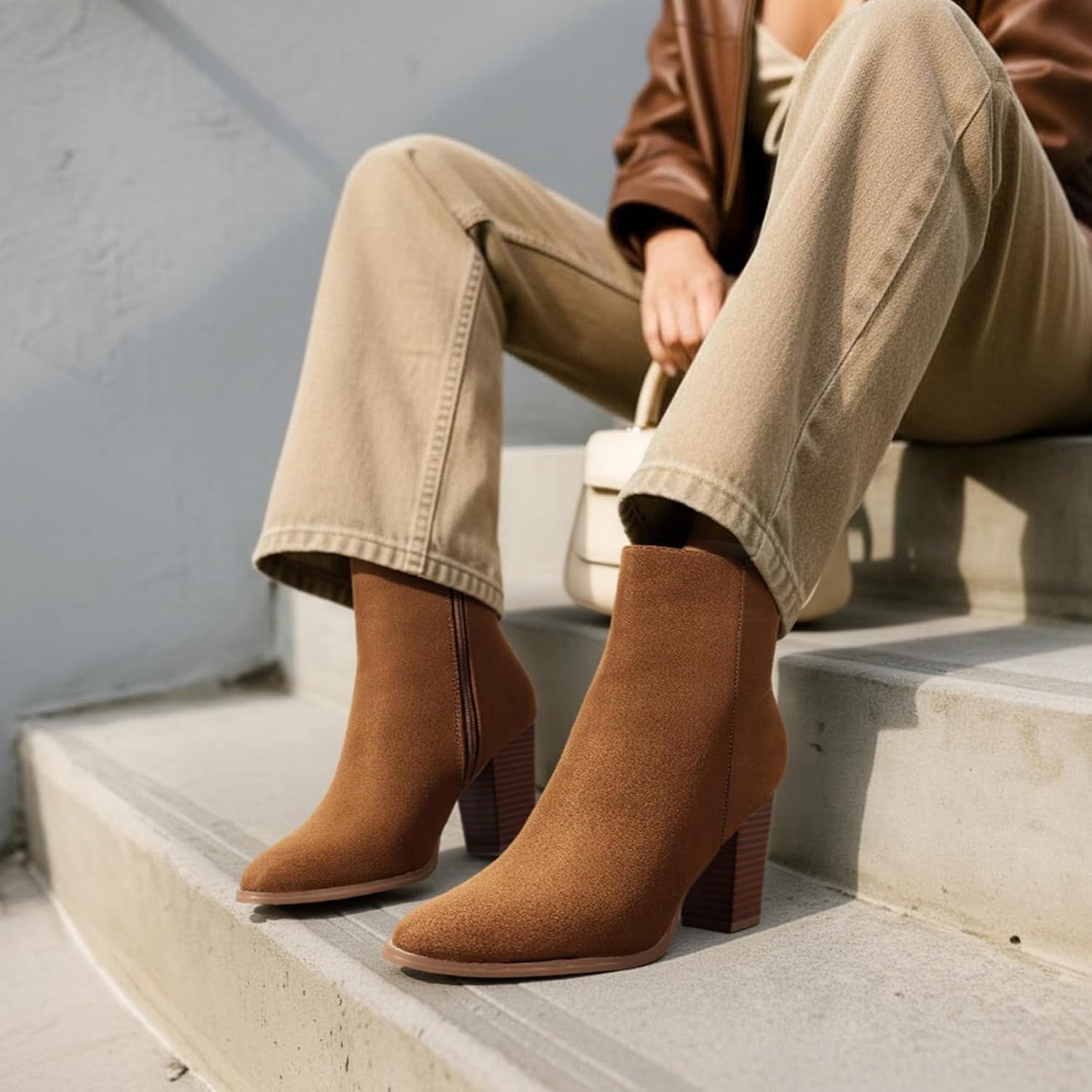 image:imageDREAM PAIRS Womens Ankle Boots Chunky Block Heel Booties Pointed Toe 3inch Block Heel Dress Booties Vintage Fashion Short Boots for Office Work Daily OccasionsTanSuede