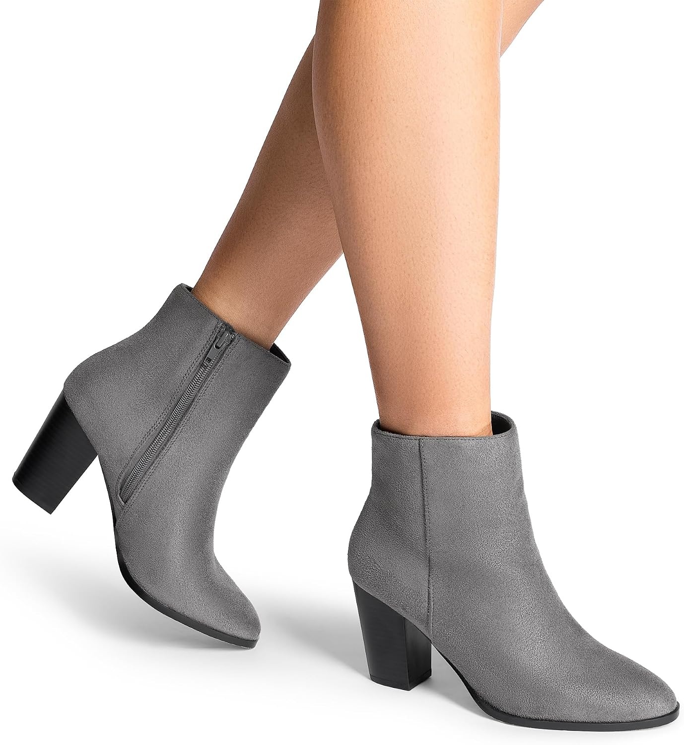image:imageDREAM PAIRS Womens Ankle Boots Chunky Block Heel Booties Pointed Toe 3inch Block Heel Dress Booties Vintage Fashion Short Boots for Office Work Daily OccasionsGreySuede