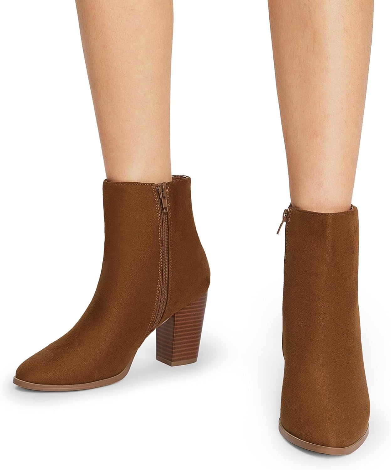 image:imageDREAM PAIRS Womens Ankle Boots Chunky Block Heel Booties Pointed Toe 3inch Block Heel Dress Booties Vintage Fashion Short Boots for Office Work Daily OccasionsTanSuede